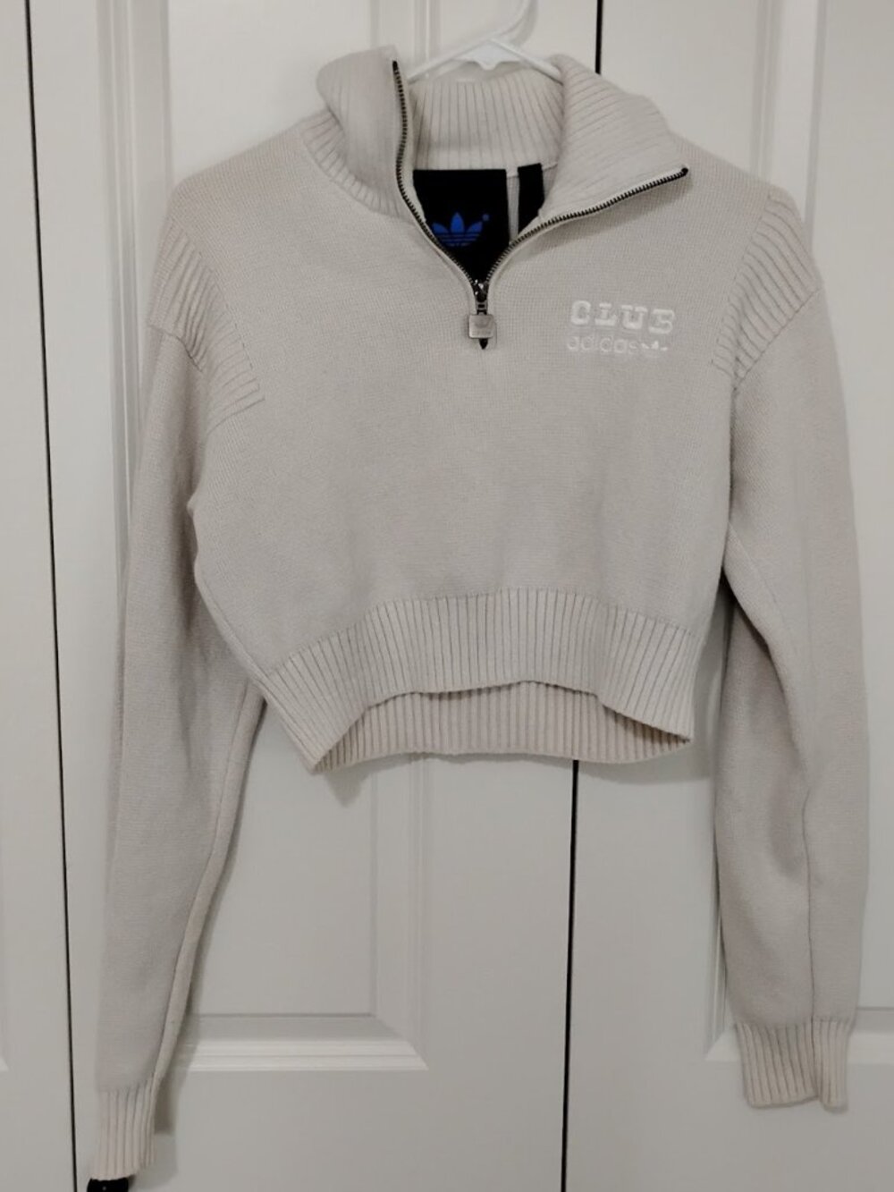 Club Adidas Women's Beige Long-Sleeve Half Zip Cropped Knit Track Jacket Size S